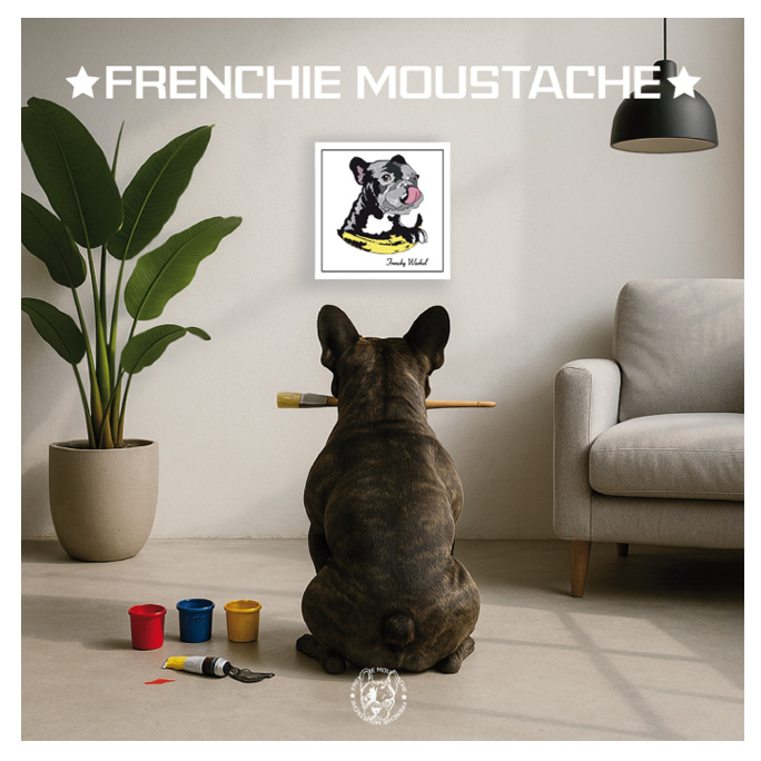 Illustration Frenchie Moustache présentée dans un intérieur
