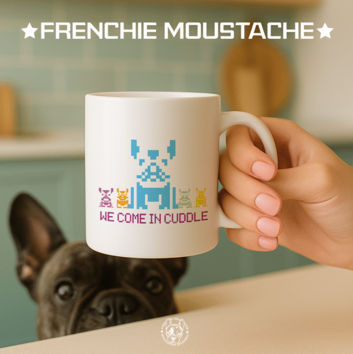 FrenchieMoustache_Mug_Mod_009_Illustration We Come In Cuddle – Mug en céramique blanche (Mod/009)