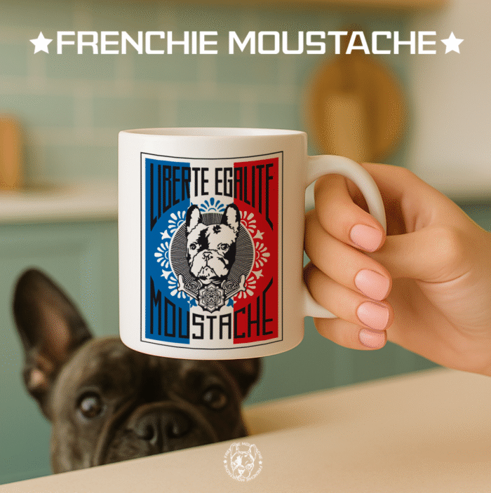 FrenchieMoustache_Mug_Mod_012_Illustration Liberté Égalité Moustache – Mug en céramique blanche (Mod/012)