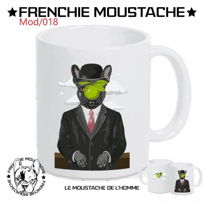 Planche Mug - Le Moustache de l'homme - Mod018 Derrière la pomme, un mystère : un regard qui défie la logique et les convenances. Réinterprétation absurde de Magritte, qui rappelait que "ceci n’est pas une pipe". Ici non plus, ce n’est pas un homme, mais un Frenchie en costard, dissimulant son appétit derrière une Granny Smith bien trop verte pour résister.