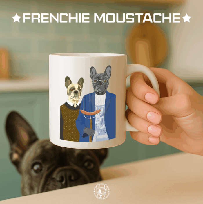 Présentation Mug - Gothic Moustache - Mod020 Fourche en main, couple figé, austérité du Midwest… Remplacée par la mine impassible de nos Frenchies préférés j'ai nommé Moustache & Olive au regard beaucoup moins sévère. Réinterprétation Strasbourgeoise de Grant Wood (1930), dont la toile était déjà une satire des mœurs rurales américaines. Ici, Frenchie Moustache ajoute une dose de saucisse à l’austérité !!!