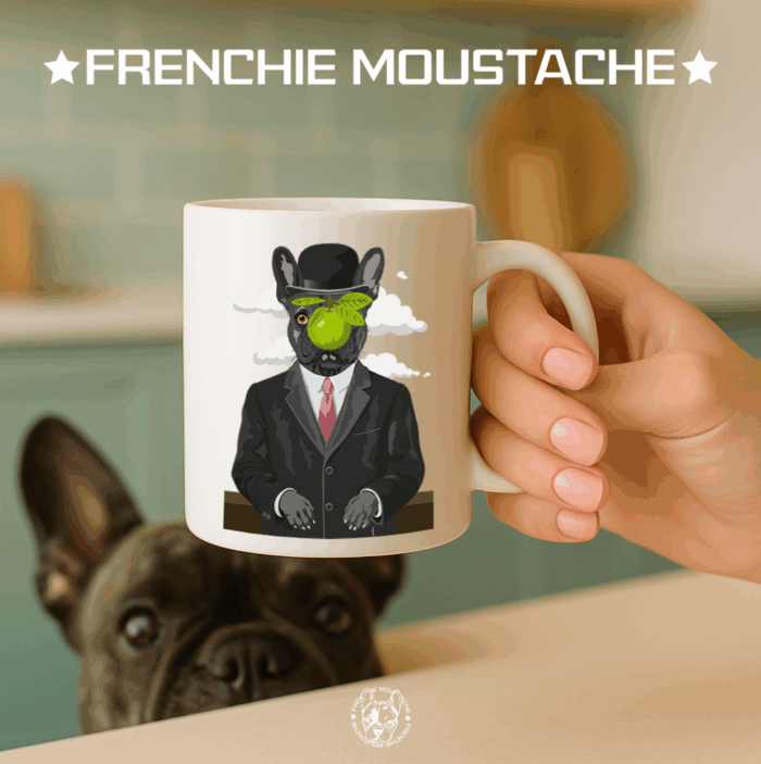 Présentation Mug - Le Moustache de l'homme - Mod018 Derrière la pomme, un mystère : un regard qui défie la logique et les convenances. Réinterprétation absurde de Magritte, qui rappelait que "ceci n’est pas une pipe". Ici non plus, ce n’est pas un homme, mais un Frenchie en costard, dissimulant son appétit derrière une Granny Smith bien trop verte pour résister.