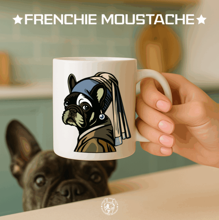 Présentation Mug - Le jeune Moustache à la perle - Mod019 Éclat discret, regard tendre : la perle accroche la lumière, mais c’est toujours Frenchie Moustache qui attire l’attention. Réinterprétation fantaisiste de Vermeer, maître de l’intime au XVIIe siècle, qui aurait sans doute été surpris de voir un bouledogue trôner à la place de sa muse. Et pourtant, la grâce reste intacte !!!
