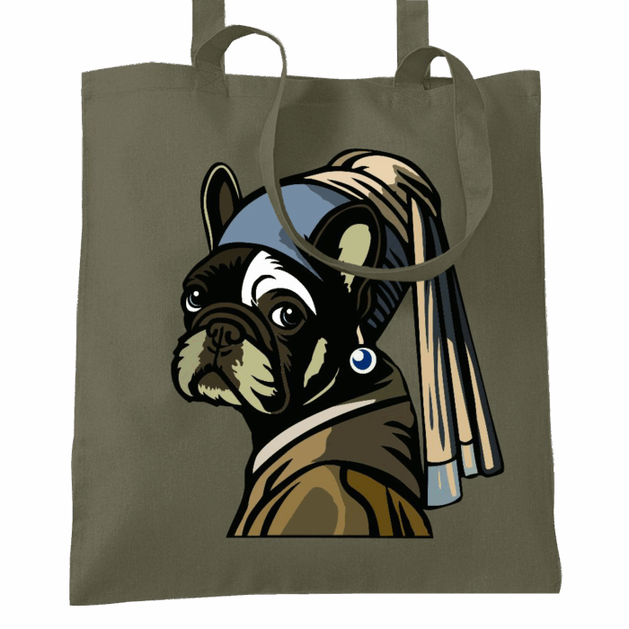 ToteBag - Le jeune Moustache à la perle - Mod019 Éclat discret, regard tendre : la perle accroche la lumière, mais c’est toujours Frenchie Moustache qui attire l’attention. Réinterprétation fantaisiste de Vermeer, maître de l’intime au XVIIe siècle, qui aurait sans doute été surpris de voir un bouledogue trôner à la place de sa muse. Et pourtant, la grâce reste intacte !!!